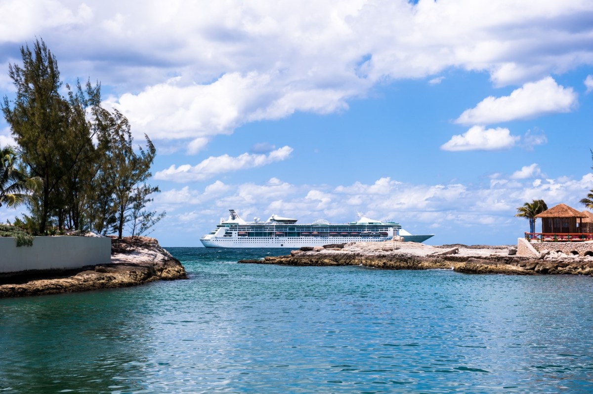 Majestic cruise ship is docked on the coast of a luxurious resort. a large ship in a body of water