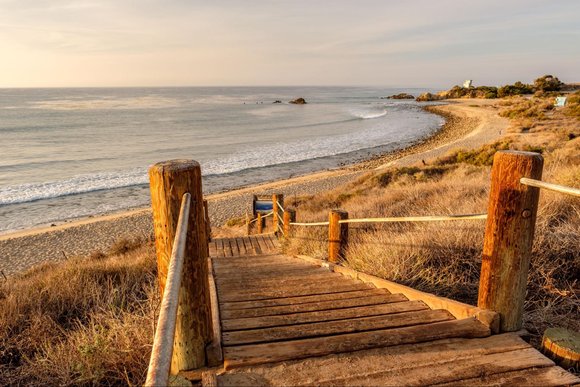 Wooden path next to a California beach. 