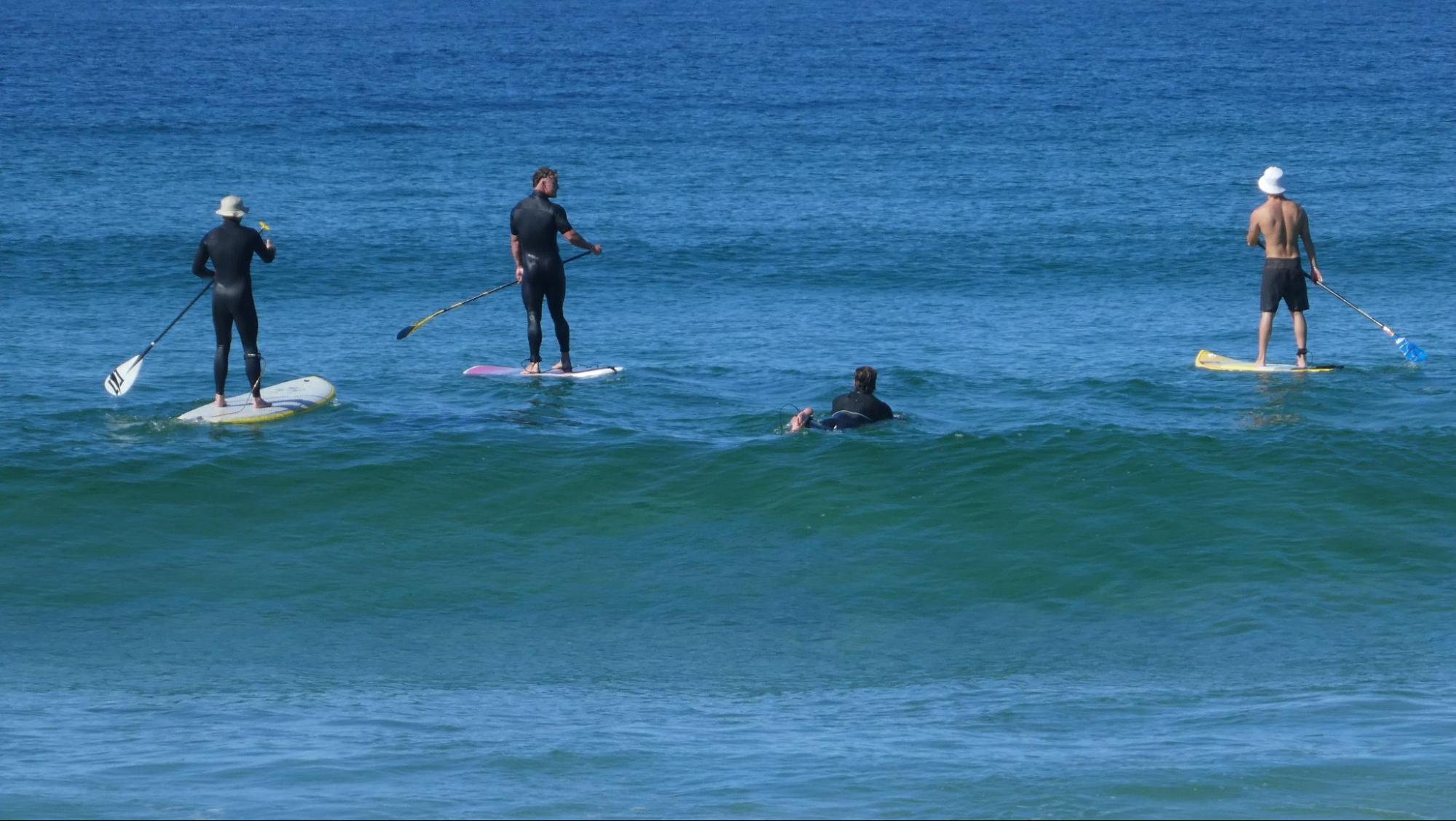 A group of friends enjoying a fun-filled day surfing on paddleboards in crystal blue waters.