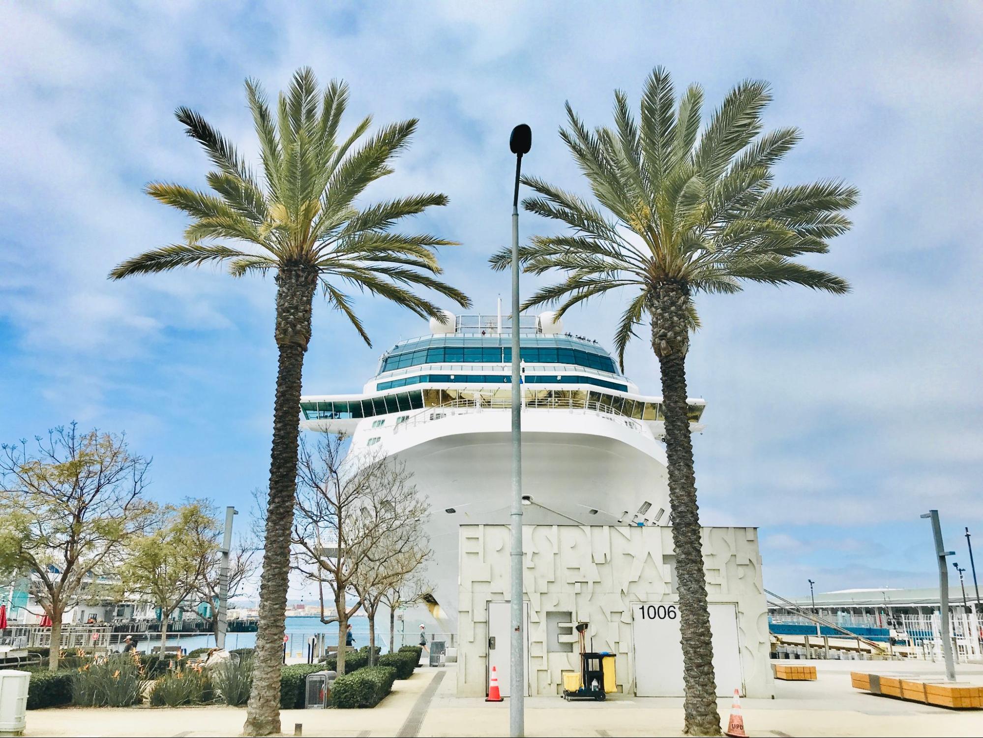 Cruise ship docked next to two palm trees. 