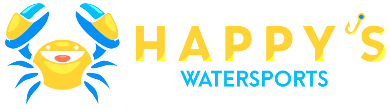 Logo featuring a happy crab and 'Happy's Watersports' text with a fishing hook.