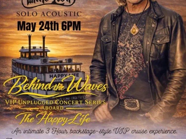 Concert poster for Mike Tramp's solo acoustic event on May 24th at 6PM aboard the ship The Happy Life.