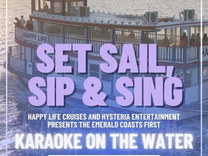 Poster for 'Karaoke on the Water' with a cruise boat at sunset.