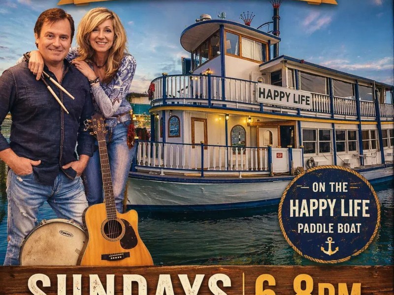 Promo for 'Shack N Up' acoustic duo performance on a paddle boat named Happy Life, Sundays at Destin Harbor.