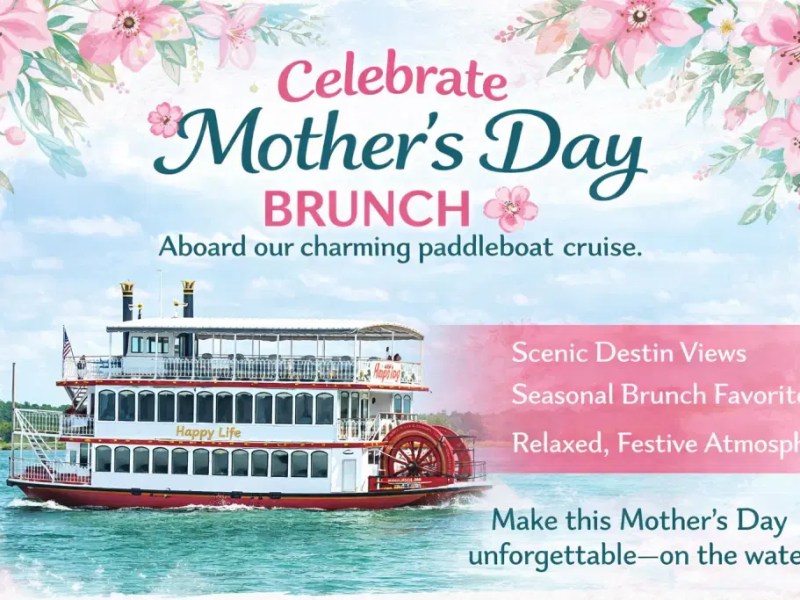 Mother's Day brunch cruise ad with paddleboat and floral border.