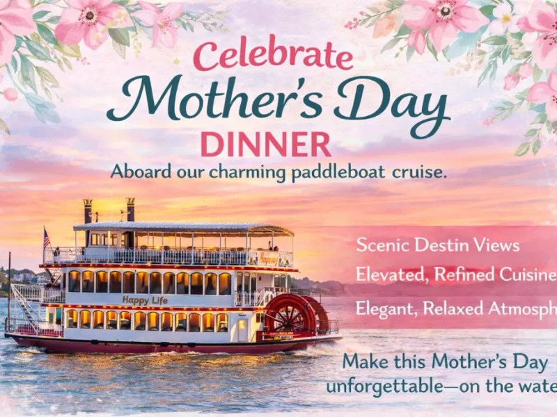 Paddleboat cruise ad for Mother's Day dinner with floral design.