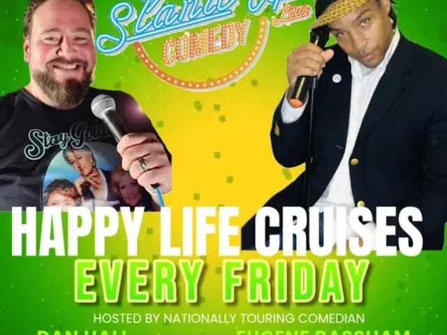 Comedy event flyer with two comedians, text details, and contact info for Happy Life Cruises.
