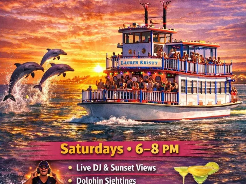 Colorful flyer for Destin Sunset Dolphin Cruise Party with boat, dolphins, and event details.